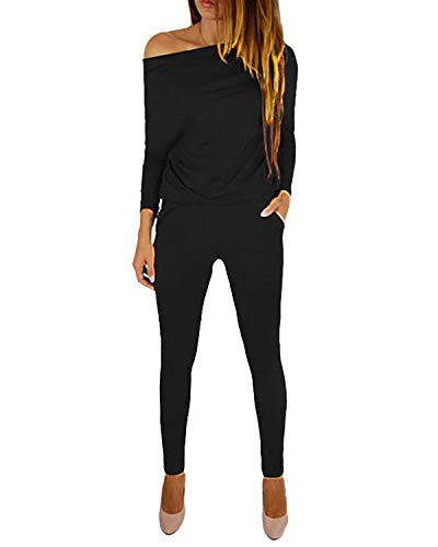Yoins - Mono de manga larga para mujer, un solo hombro, elegante, monocromático A-negro. S