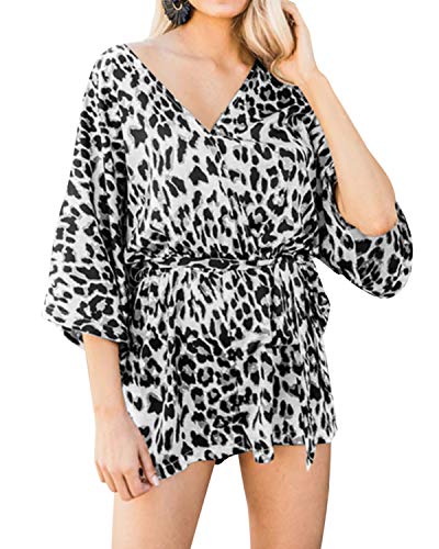 YOINS Mono sexy para mujer, estampado de leopardo, elegante, corto, de fiesta, manga 3/4 con cinturón gris L