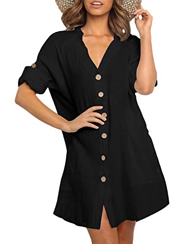 YOINS Mujer Vestido Camisero Vestido con Cuello En V Camisa Manga Larga con Botones Moda Vestido Casual Camisa Vestido Túnica Negro XL