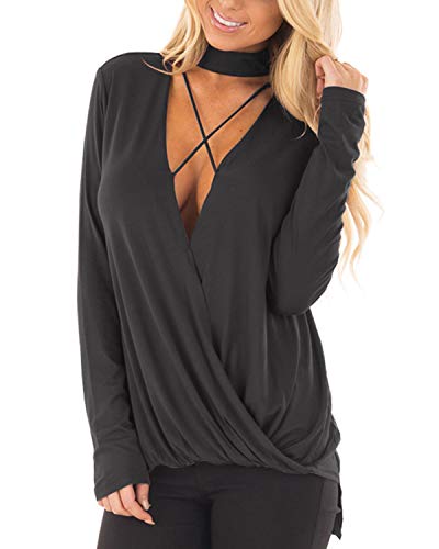 YOINS Mujeres manga larga cuello en V profundo Tops cruzados frente irregular sexy suelta casual camisas blusas