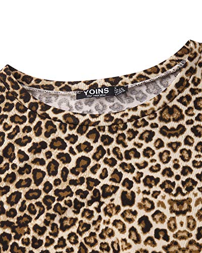 YOINS Playeras Sueltas de Manga Larga con Cuello Redondo Estampado para Mujer con Blusa de diseño Frontal Cruzado Leopard-Khaki 48
