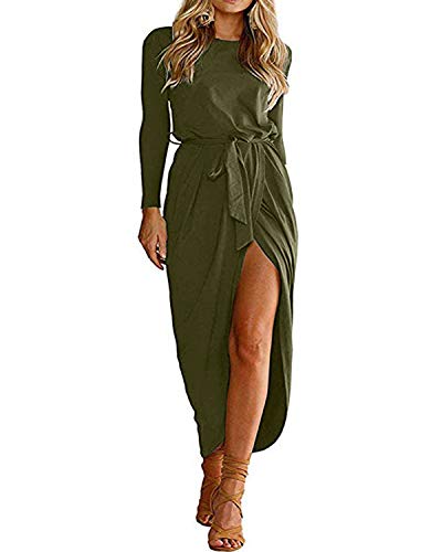 YOINS - Vestido de mujer para playa, vestido de verano, vestido de punto para mujer, vestido largo de noche, vestido de Navidad, cuello redondo con cinturón Manga larga. XXL