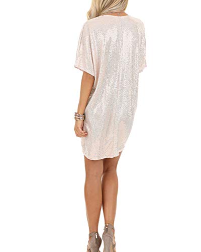 YOINS Vestido de noche sexy para mujer, vestido brillante, minivestido sexy, manga larga, cuello redondo, vestido de cóctel beige M