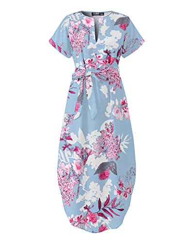 YOINS Vestido de verano largo para mujer, cuello en V, maxivestido para la playa Flores de color azul claro. S