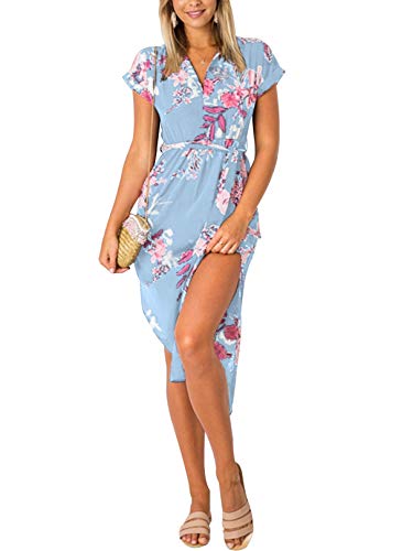 YOINS Vestido de verano largo para mujer, cuello en V, maxivestido para la playa Flores de color azul claro. S