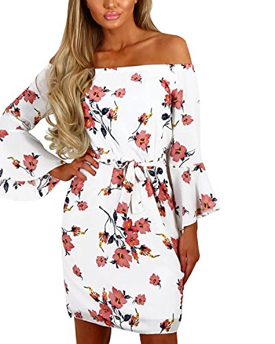 Yoins - Vestido de verano para mujer, corto, sin hombros, manga larga, atrevido, estampado floral, vestido de playa 12 L