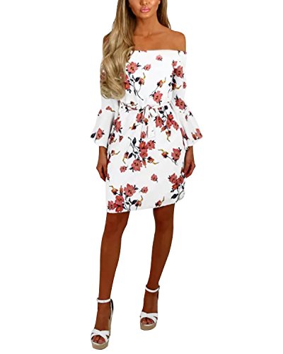 Yoins - Vestido de verano para mujer, corto, sin hombros, manga larga, atrevido, estampado floral, vestido de playa 12 XL