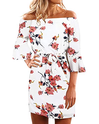Yoins - Vestido de verano para mujer, corto, sin hombros, manga larga, atrevido, estampado floral, vestido de playa 12 XL