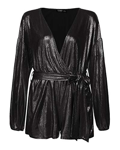 YOINS Vestido Fiesta Mujer Largo Mono Vestido Lentejuelas Mujer Manga Larga Casual Cuello En V Camisa Brillante Jumpsuit Elegante Negro XL