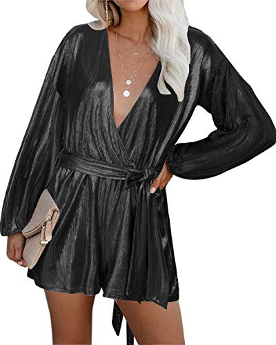 YOINS Vestido Fiesta Mujer Largo Mono Vestido Lentejuelas Mujer Manga Larga Casual Cuello En V Camisa Brillante Jumpsuit Elegante Negro XXL