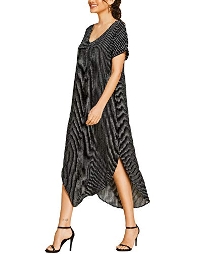 YOINS - Vestido largo amplio de verano para mujer, para playa, vestido sexy, manga corta, cuello redondo, vestido de punto con cinturón Negro -03. S