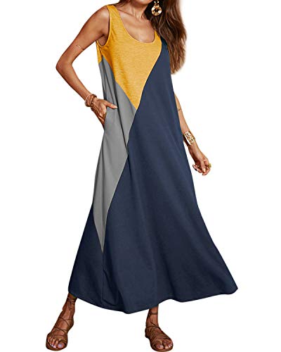 YOINS - Vestido largo de verano para mujer, sin mangas, diseño en bloques de colores, tejido de camiseta, estilo casual, para vacaciones