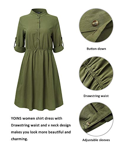 YOINS Vestido Midi Mujer Elegante Camisa de Manga Larga con Botones Informal Blusa Túnica Trabajo con Cuello en V Ejercito Verde L