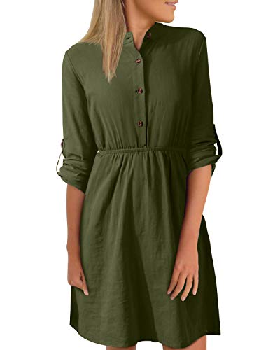 YOINS Vestido Midi Mujer Elegante Camisa de Manga Larga con Botones Informal Blusa Túnica Trabajo con Cuello en V Ejercito Verde XL