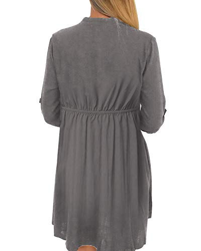 YOINS Vestido Midi Mujer Elegante Camisa de Manga Larga con Botones Informal Blusa Túnica Trabajo con Cuello en V Gris S