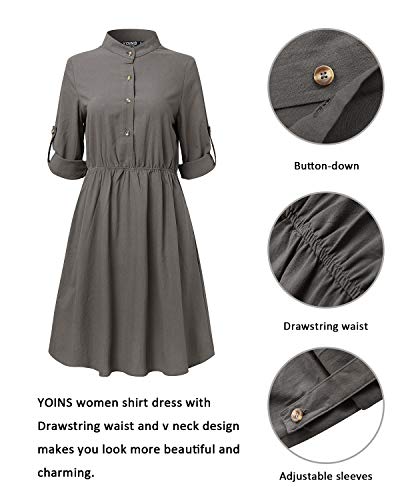 YOINS Vestido Midi Mujer Elegante Camisa de Manga Larga con Botones Informal Blusa Túnica Trabajo con Cuello en V Gris S