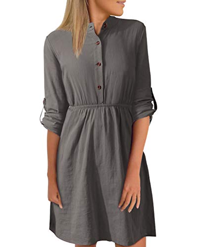 YOINS Vestido Midi Mujer Elegante Camisa de Manga Larga con Botones Informal Blusa Túnica Trabajo con Cuello en V Gris S