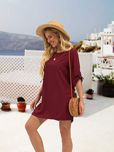 YOINS Vestidos Mujer Casual Vestido Largos de Fiesta Manga Corta Verano Vestidos Camiseta con Cuello Redondo con Mangas de Kowknot Vino Tinto-03 L