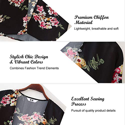 YONHEE Cárdigans tipo kimono floral para mujer - Estampado floral de gasa [Traje de baño] traje de baño para damas [Medio -Negro-A]