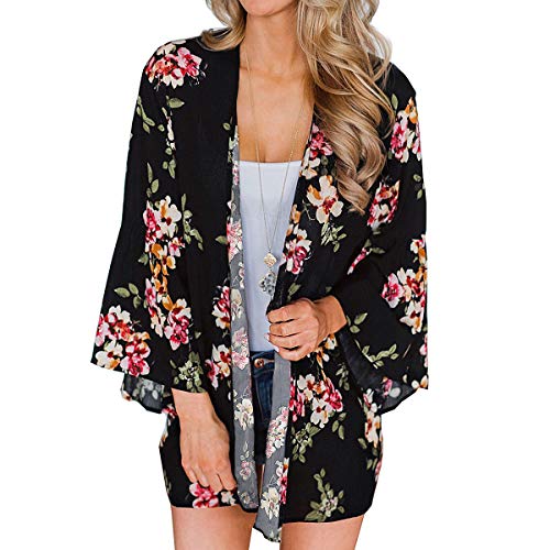 YONHEE Cárdigans tipo kimono floral para mujer - Estampado floral de gasa [Traje de baño] traje de baño para damas [Medio -Negro-A]