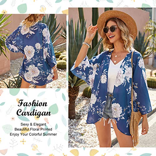 YONHEE Chal suelto de gasa, estampado floral de Bohemia, cubierta de kimono, ajuste holgado, estilo boho, para playa, diario, trabajo, fiesta Para Mujer [extra grande] [Azul-a]