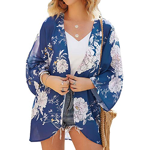 YONHEE Chal suelto de gasa, estampado floral de Bohemia, cubierta de kimono, ajuste holgado, estilo boho, para playa, diario, trabajo, fiesta Para Mujer [extra grande] [Azul-a]