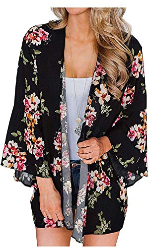 YONHEE Chal suelto de gasa, estampado floral de Bohemia, cubierta de kimono, ajuste holgado, estilo boho, para playa, diario, trabajo, fiesta Para Mujer [pequeño] [negro]