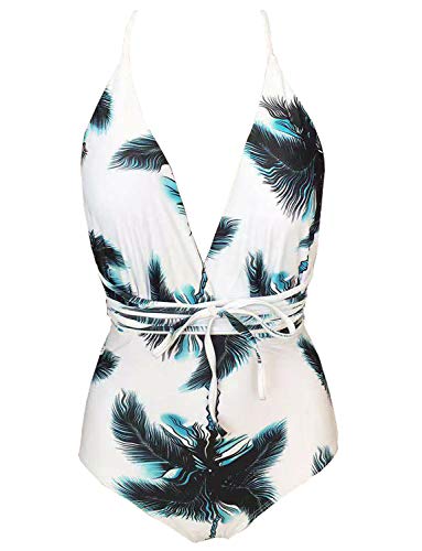 YONIER Monokini Bañador de una Pieza Espalda Vendaje Rayas Cuello Halter Push Up Bikini Estampado Natacion Corbata Cruzada Cojín Cuello en V Profundo Traje de baño con Aros Sin Respaldo Hueco