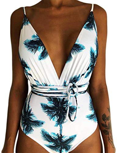 YONIER Monokini Bañador de una Pieza Espalda Vendaje Rayas Cuello Halter Push Up Bikini Estampado Natacion Corbata Cruzada Cojín Cuello en V Profundo Traje de baño con Aros Sin Respaldo Hueco