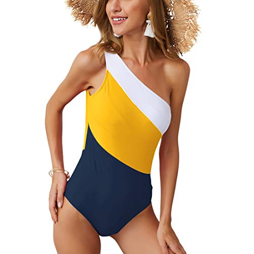 YONKINY Mujer Monokini Verano Bikini Plage Bañador Hombro Descubierto Elegante Tiras Traje de Baño de Una Pieza Vientre Plano Talla Grande Tankini Set Beachwear (Amarillo, XL)