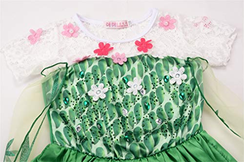 YOSICIL Princesa Disfraz Frozen Elsa Verde Disfraces Princesas Disfraz Infantil niña Bordado Fancy Dress con Mangas de Encaje Transparente Princesa Cosplay Vestido para Niñas 100cm-150cm