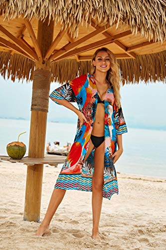 YOUDE Vestido de Playa Suelta para Mujer Bikini Suelto Cover Up Swimwear Perspectiva Hollow Lace Strapless Beach Sexy Vestido Blusa (Vistoso)