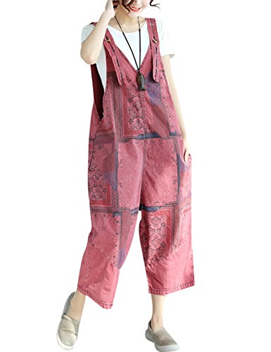 Youlee Mujer Pantalones de Pierna Ancha Peto de Mezclilla Monos Pantalones Monos Style 19 Red