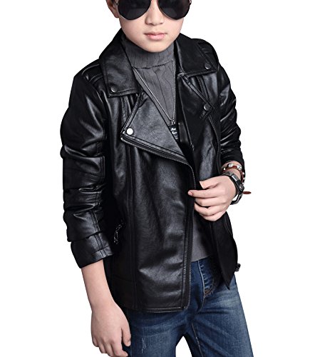 YoungSoul Chaqueta Biker Niño - Cazadora Motera Efecto Piel Niña - Abrigos Imitacion Cuero con Cremallera Primavera Otoño Negro 5-6 años/Tamaño 120