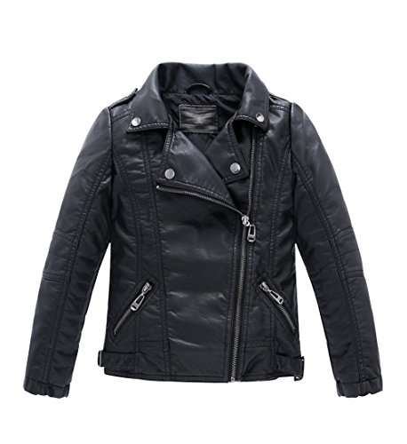 YoungSoul Chaqueta Biker Niño - Cazadora Motera Efecto Piel Niña - Abrigos Imitacion Cuero con Cremallera Primavera Otoño Negro 5-6 años/Tamaño 120
