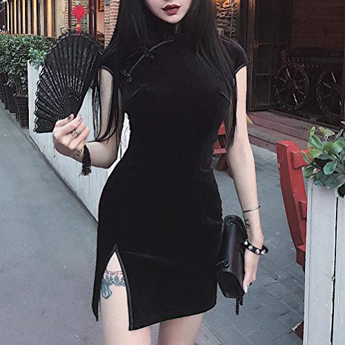 yssgtt Estilo chino tradicional de terciopelo de manga corta Mini Split Cheongsam Qipao vestido para mujer Negro 42