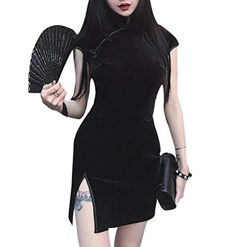 yssgtt Estilo chino tradicional de terciopelo de manga corta Mini Split Cheongsam Qipao vestido para mujer Negro 42