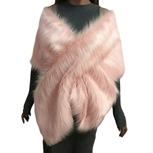 YuanDian Mujer Novia Boda Fiesta Estolas De Piel Sintetica Largo Otoño E Invierno Hombro Cruzado Grande Pelo Bolero Chal Capas para Vestido De Noche Rosa Talla única
