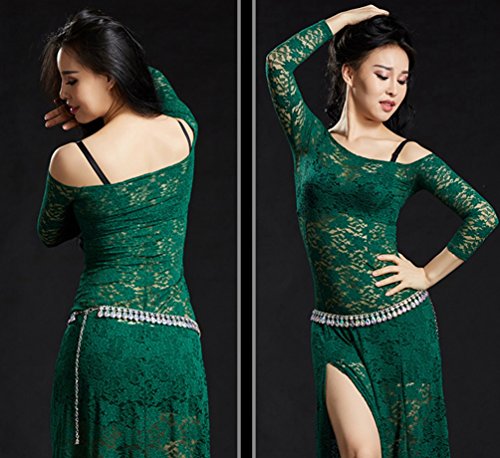 YuanDian Vientre de encaje vestidos de baile de Dividir mangas largas para Mujeres Dark Green One Size