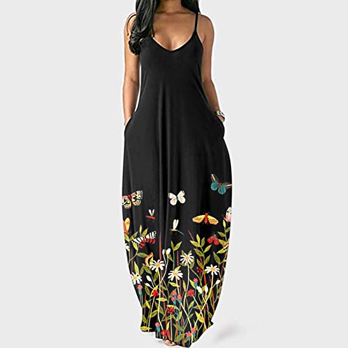 Yue668 - Vestido largo para mujer, cuello redondo, informal, estampado floral, diseño de mariposa, talla grande, redondo, vestido largo, para verano, con flores, estampado sin mangas