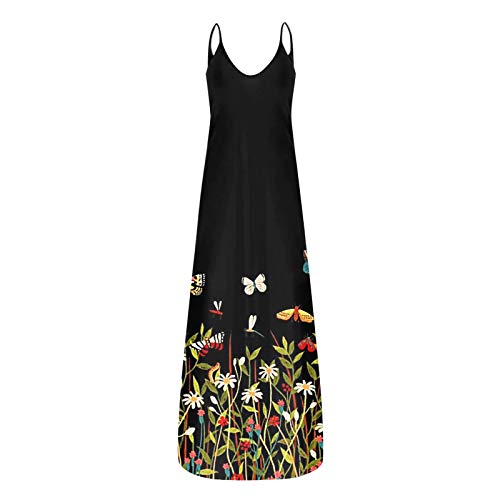 Yue668 - Vestido largo para mujer, cuello redondo, informal, estampado floral, diseño de mariposa, talla grande, redondo, vestido largo, para verano, con flores, estampado sin mangas