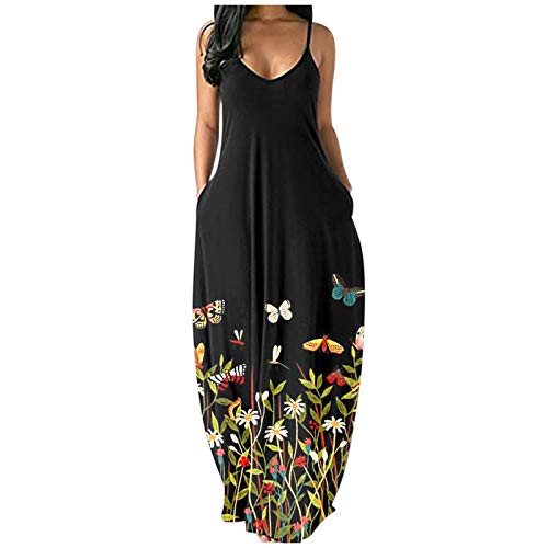 Yue668 - Vestido largo para mujer, cuello redondo, informal, estampado floral, diseño de mariposa, talla grande, redondo, vestido largo, para verano, con flores, estampado sin mangas