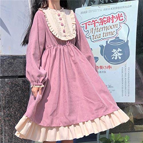 YUNCHENG Lolita Vestido Streetwear Shirt Femenino Estilo japonés Cuello Redondo Lolita Cintura Alta Adelgazante Contraste Color Relavado Vestido Sweet Lolita Vestido Kawaii Ropa (Color : Pink)