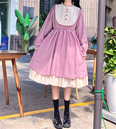 YUNCHENG Lolita Vestido Streetwear Shirt Femenino Estilo japonés Cuello Redondo Lolita Cintura Alta Adelgazante Contraste Color Relavado Vestido Sweet Lolita Vestido Kawaii Ropa (Color : Pink)