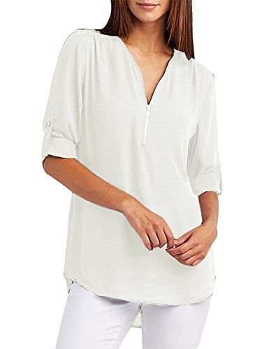 Yuson Girl Camisas Mujer Nuevo Blusas para Mujer Vaquera Sexy Gasa Tops Camisetas Mujer Cremallera Manga Corta Blusas (Blanco, L)