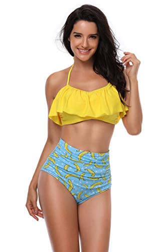 Yuson Girl Mujer Conjunto De Frill Bikini Tiras Talle Alto Tallas Grandes Sexy Traje De Baño Cuello Halter Vintage Vientre Plano con Volantes Top Bikini Push Up Flores Braga Triangulo Alta