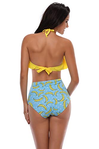 Yuson Girl Mujer Conjunto De Frill Bikini Tiras Talle Alto Tallas Grandes Sexy Traje De Baño Cuello Halter Vintage Vientre Plano con Volantes Top Bikini Push Up Flores Braga Triangulo Alta