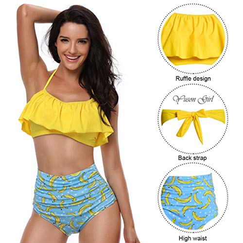 Yuson Girl Mujer Conjunto De Frill Bikini Tiras Talle Alto Tallas Grandes Sexy Traje De Baño Cuello Halter Vintage Vientre Plano con Volantes Top Bikini Push Up Flores Braga Triangulo Alta