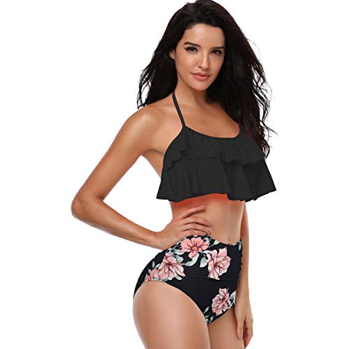 Yuson Girl Mujer Conjunto De Frill Bikini Tiras Talle Alto Tallas Grandes Sexy Traje De Baño Cuello Halter Vintage Vientre Plano con Volantes Top Bikini Push Up Flores Braga Triangulo Alta