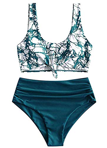 Yutdeng Conjunto de Bikini de Cintura Alta para Mujer Push Up Pliegues Control de La Barriga y Enroscadura Frontal Top Retro Variedad de Impresión Ropa de Playa Bañador